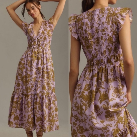 ANTHROPOLOGIE The Peregrine Midi Dress Lilac & Olive Green Floral 1X - Picture 2 of 2